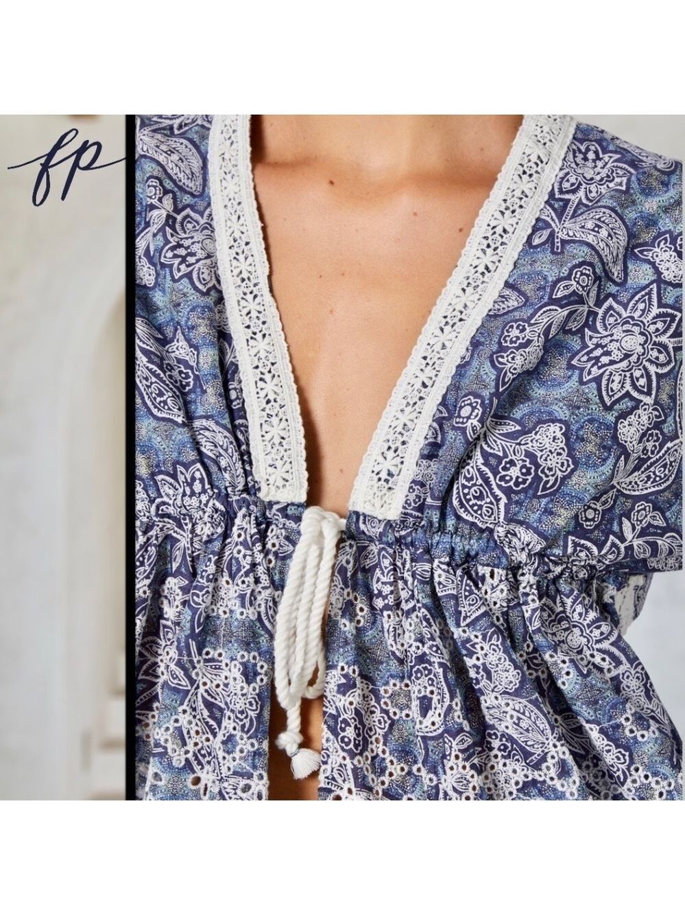 FREE PEOPLE NWT Anissa Floral-Print Eyelet/Embroidered Tie-Front Bed Jacket/Lg - Picture 10 of 14